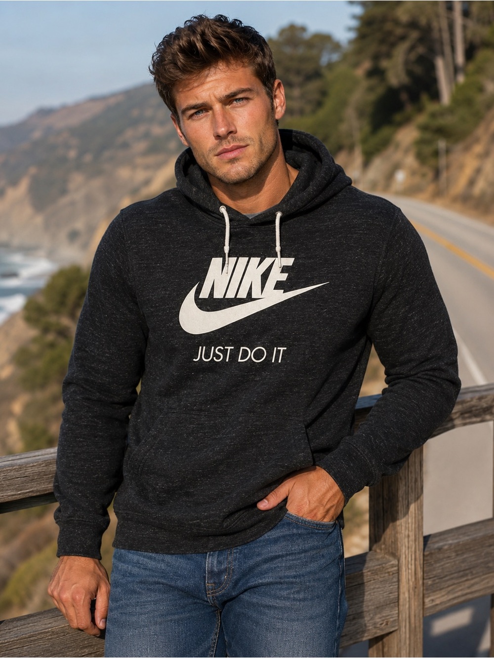Nike Men's Charcoal Black Pullover Hoodie with White Logo